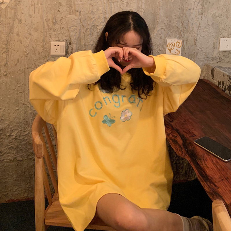 ulzzang rơi mới thư ngọt ngào thêu đầu loose-fitting dài chiều dài chiếc váy thiếu dài tay người phụ nữ bảo vệ