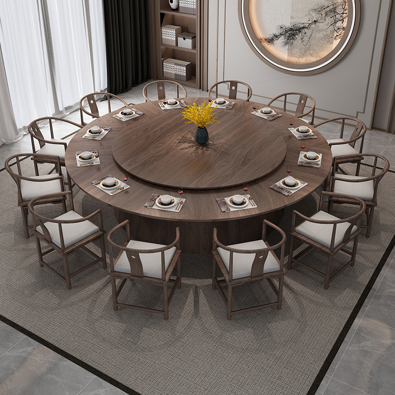 Hotel big round table new Chinese Zen electric dining table solid wood round belt turntable hotel club box 20 people