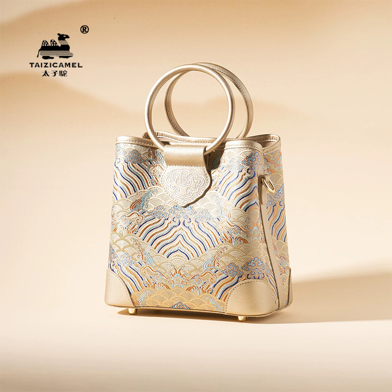 Chinese-Style Sea Wave Pattern Bag, Intangible Cultural Heritage Yunjin Leather Bag, Women's Heavy-Duty Silk Crossbody Handbag, Mulberry Silk Bag