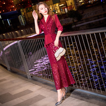 Temperament small evening dress female 2021 new high-end party red happy mother-in-law dress wedding fishtail skirt