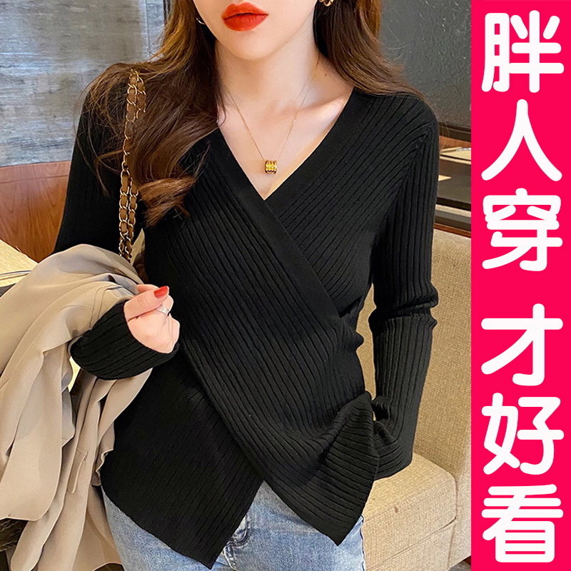 Cross Sweater with a Unique Design for Women, Niche V-Neck Top, Plus Size, Irregular Inner Knit Base Shirt for Plus-Size Women, Autumn and Winter Cross Sweater with a Unique Design for Women, Niche V-Neck Top, Plus Size, Irregular Inner Knit Base Shirt for Plus-Size Women, Autumn and Winter