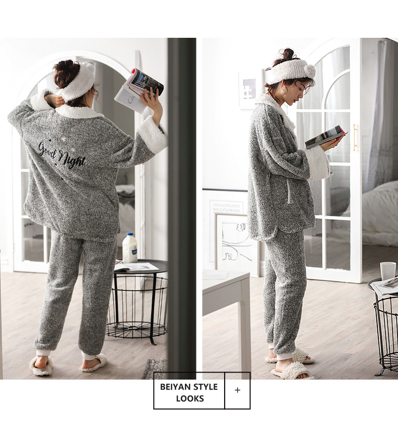 Dưới đây mùa thu và mùa đông san hô lông cừu đồ ngủ phụ nữ dài tay lỏng lẻo ấm lên dày áo ve áo dịch vụ nhà hai mảnh có thể được mặc thời trang mặc nhà