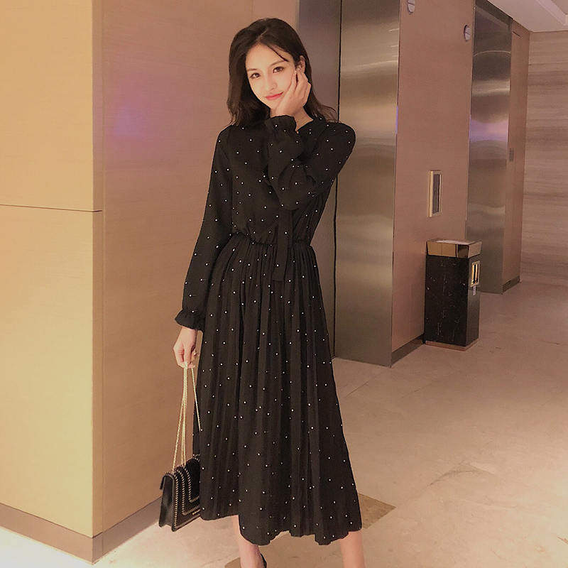 2022 spring new large-size long-sleeved printed polka-dot chiffon dress with bow waist pleated skirt long skirt