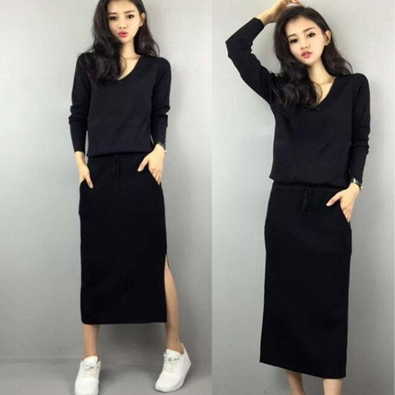 Autumn clothing 2020 new female medium long version chic little black dress spring autumn season long sleeves cashew slim knit foreign dress
