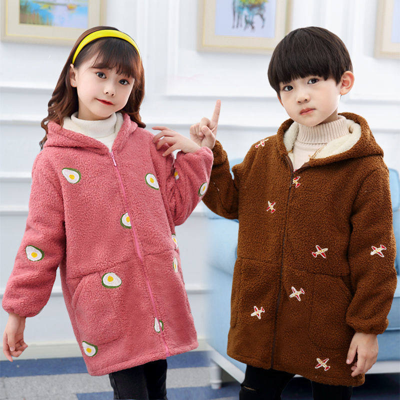 Teddy velvet blouse children's autumn and winter boys and girls embroidered apron baby eating pocket painting clothes plus velvet thick protective clothing