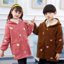Teddy velvet overalls for children in autumn and winter embroidered apron for boys and girls baby eating pocket painting clothing plus velvet thick protective clothing