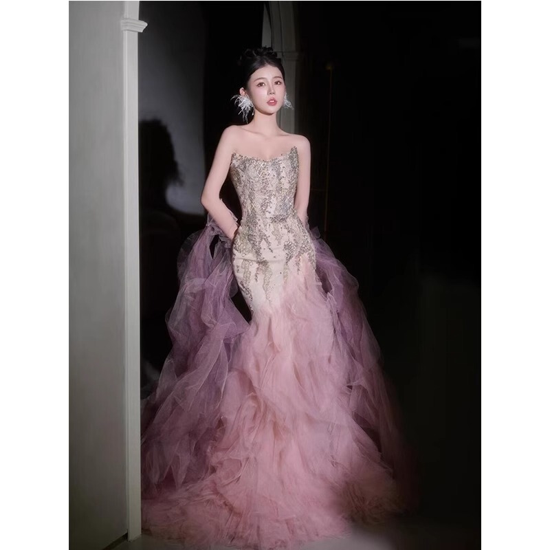 Pink Engagement Evening Dress for Women 2026 New High-End Light Luxury Niche Strapless Bride Super Fairy Toast Dress Mermaid Skirt