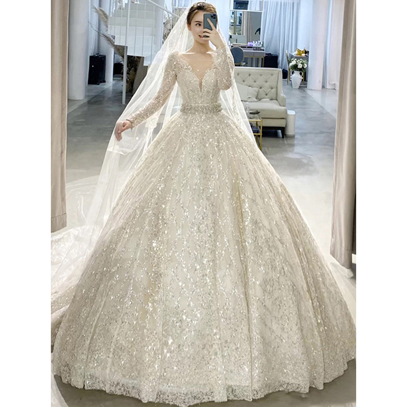 French wedding dress 2023 new bride main yarn long sleeve dress small size retro - tail sentiment
