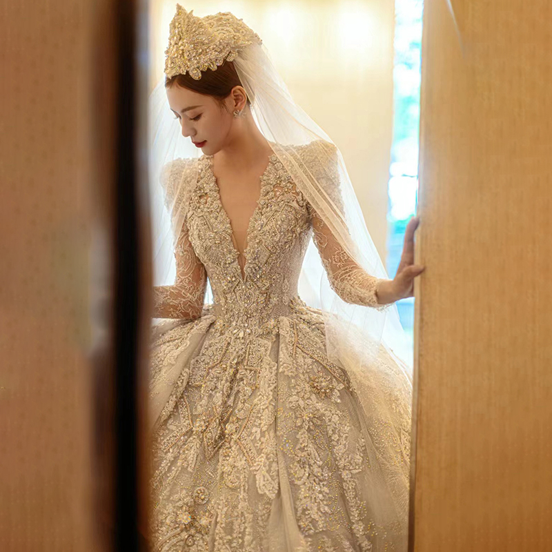 Long sleeve high-end wedding dress bridal 2023 new main yarn female method Advanced texture Heavy work extravagant trailing winter-Taobao