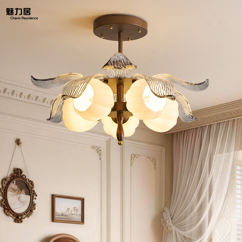 French Mid-Century Style Bedroom Chandelier 2026 New Glass Petal Bedroom Lamp French Pastoral Style Bedroom Lighting Fixtures