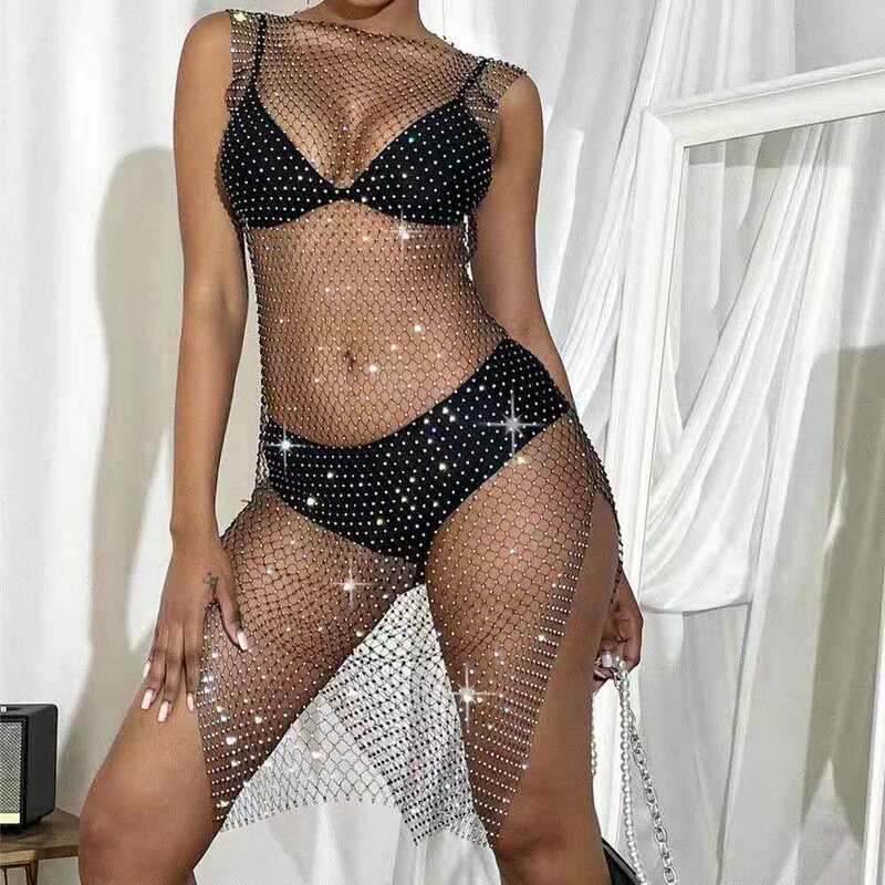Sparkling Diamond-Encrusted Fishnet Sleeveless Dress ins Hollow-Out Cover-Up Dress Sexy Nightclub Disco Bar Stage Performance