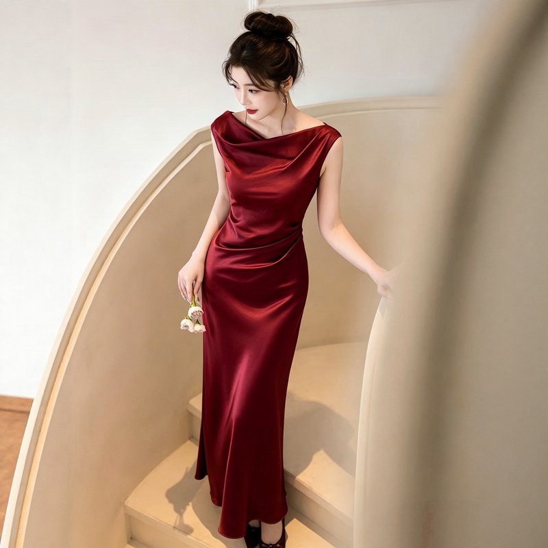 French-Style Draped Collar, High-End Imported Acetate Satin Engagement Date Banquet Host Light Formal Dress for Women