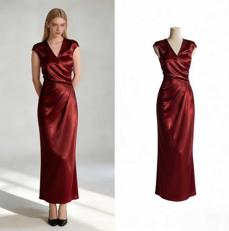 French-Style High-End Imported Acetate Satin Luxurious Overlapping V-Neck Waist-Cinching Slimming Fishtail Long Dress for Women, Light Luxury