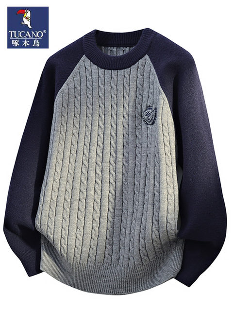 Woodpecker ເສື້ອ sweater ຄໍຮອບຜູ້ຊາຍທີ່ມີທ່າອ່ຽງສີທີ່ກົງກັນຂ້າມກັບເສື້ອ bottoming ດູໃບໄມ້ລົ່ນແລະລະດູຫນາວແບບໃຫມ່ຂອງເດັກຜູ້ຊາຍ twist ເສື້ອ sweater ຫນາ lazy