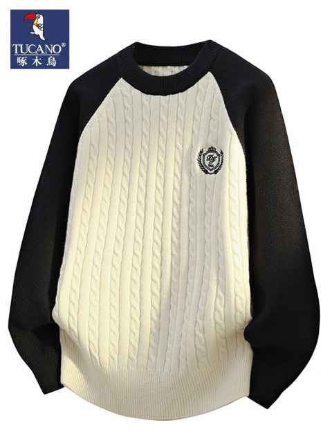 Woodpecker ເສື້ອ sweater ຄໍຮອບຜູ້ຊາຍທີ່ມີທ່າອ່ຽງສີທີ່ກົງກັນຂ້າມກັບເສື້ອ bottoming ດູໃບໄມ້ລົ່ນແລະລະດູຫນາວແບບໃຫມ່ຂອງເດັກຜູ້ຊາຍ twist ເສື້ອ sweater ຫນາ lazy