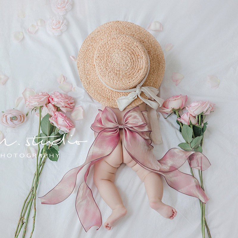 Newborn Photographic Clothing Photo Gallery Full Moon 100 Days Photos Lace Cap Butterfly Knot Styling Silk With Baby Photo Props