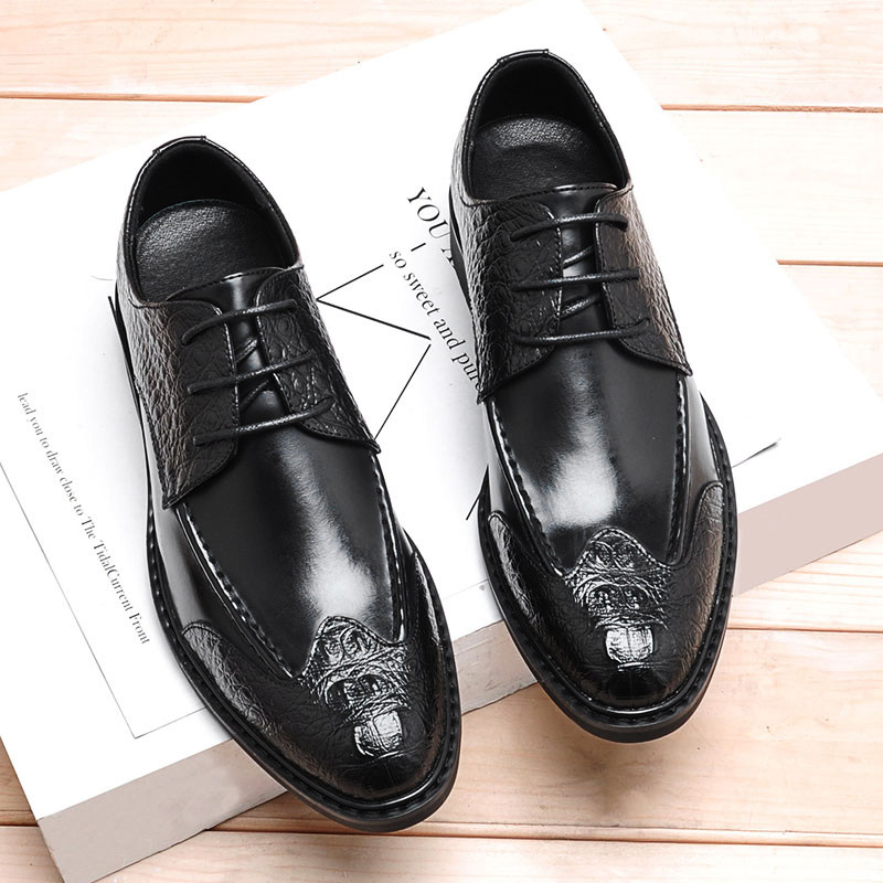 Spring British Han Edition Cut Young Point Tip with Black Bright Flower Business Formal Men's Leather Shoes