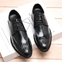 Autumn British Korean fashion Youth pointed lace black bright embossed business dress casual mens leather shoes