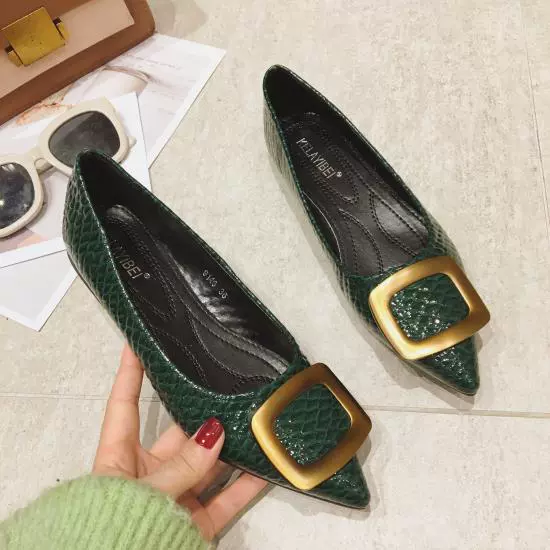 2021 Spring Women's Shoes All-match Green British Style Pointed Small Leather Shoes Flat Work Shoes Black Single Shoes