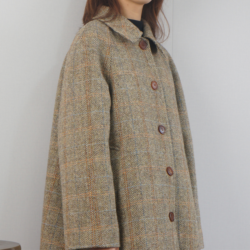 Tailor's Shop British Harris Tweed Wool Coat with Raglan Sleeves and Quilted Lining