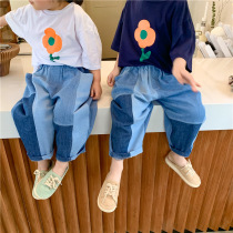 2022 Spring Summer Childrens Unisex Loose Jeans Boys Girls Baby Western Style Color-blocking Pants Thin Daddy Pants