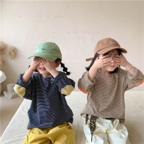 Korean childrens clothing 2021 autumn childrens Western-style hit color patch striped T-shirt boys and girls all-match long-sleeved top