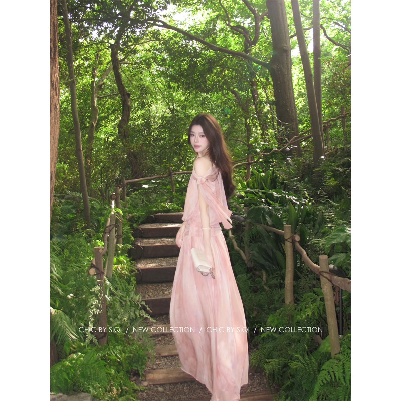 Chic by Siqi “Watercolor Sunset” Cool Style Off-Shoulder Ribbon Shirt with Waist-Cinching Half-Length Gauze Skirt Suit for Women Chic by Siqi “Watercolor Sunset” Cool Style Off-Shoulder Ribbon Shirt with Waist-Cinching Half-Length Gauze Skirt Suit for Women