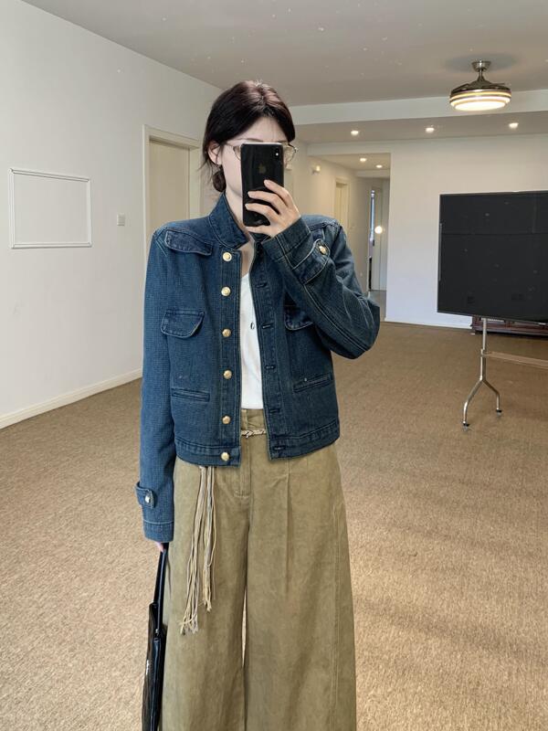 Tomato Man's "Old Money Cowboy Style Vintage Stand Collar Straight Shoulder Gold Button Pocket Denim Jacket for Women in Autumn