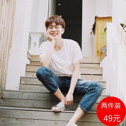 日系潮牌网红费启鸣同款衣服纯色短袖男t恤情