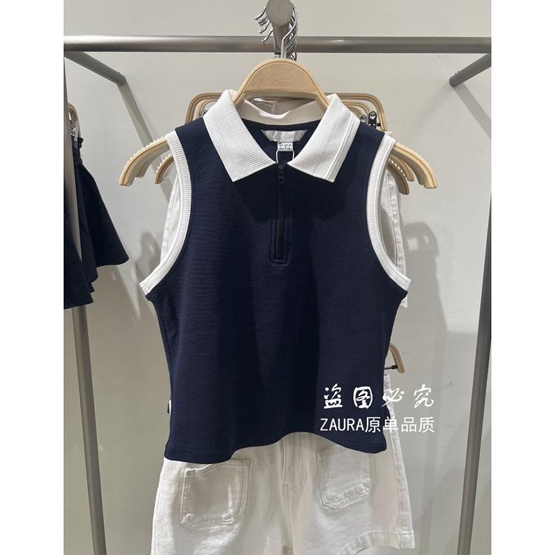 Nb&Ur New Summer Women's Clothing, Sweet and Spicy Style, Slim Fit, Contrasting Color Collar, Half-Zip Decoration, Sleeveless Vest, Vest Top