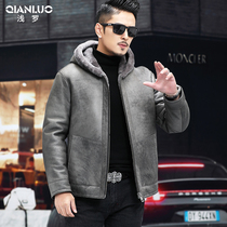 Winter original eco-fur integrated men short-to-cap sheep leather jacket Haining genuine leather leather jacket Youth jacket