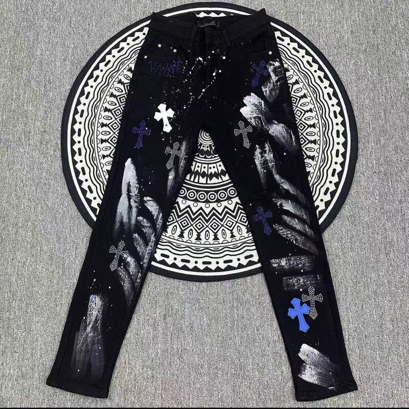 2026 New Style Light Luxury Ripped Jeans with Cross Embroidery, Leather Patches, Slim Fit, High Street Style, Rhinestone Embellished Trendy Brand Long Pants