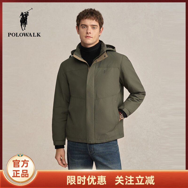 Polowalk Men's Jacket 2025 Winter New Product Simple and Versatile Stand-Up Collar Fleece-Lined Hooded Jacket Casual Jacket