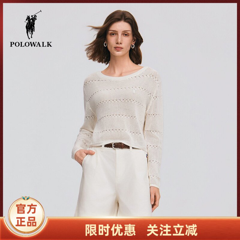 [100% Cotton] Polowalk Women's Long-Sleeved T-Shirt 2026 Summer New Product, Simple and Versatile Round Neck Knitwear