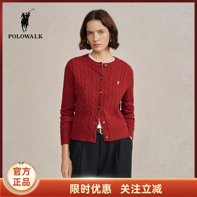 【100% Sheep Wool】Polowalk Women's Wool Sweater 2025 Winter New Solid Color Versatile Cable Knit Cardigan