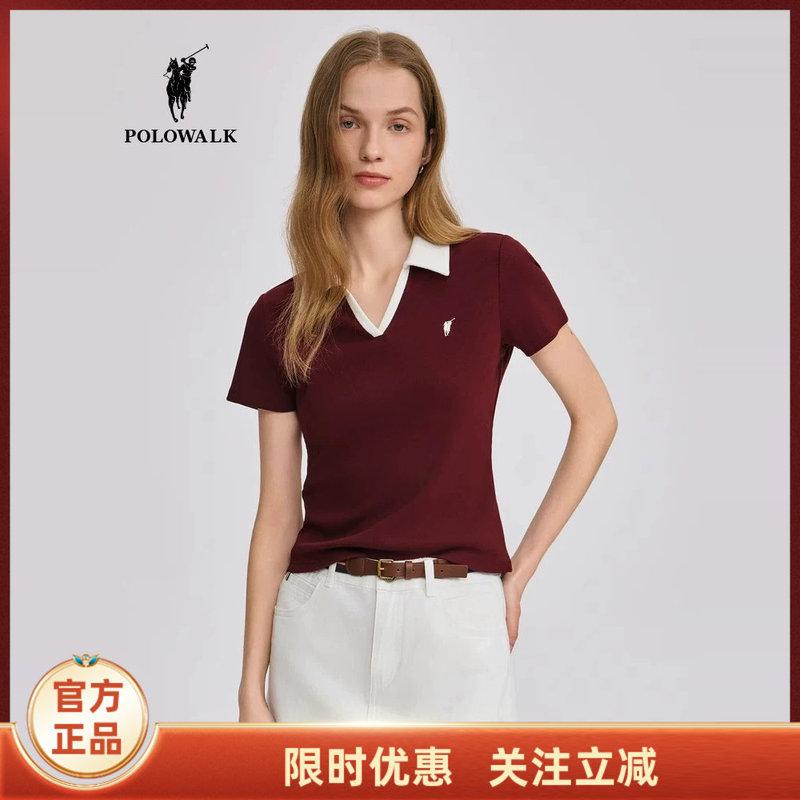 Polowalk Women's Short-Sleeved V Neck T-Shirt 2026 Summer New Product Contrasting Color Waist-Cinching Bottoming Shirt Trendyy Women's Top Polowalk Women's Short-Sleeved V Neck T-Shirt 2026 Summer New Product Contrasting Color Waist-Cinching Bottoming Shirt Trendyy Women's Top