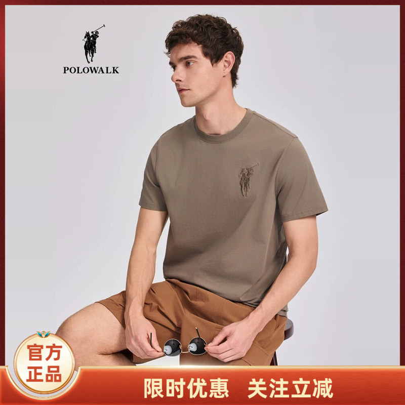 [100% Cotton] Polowalk Short-Sleeved T-Shirt for Men, 2025 Summer New Product, Round Neck, Commuter American Style Top