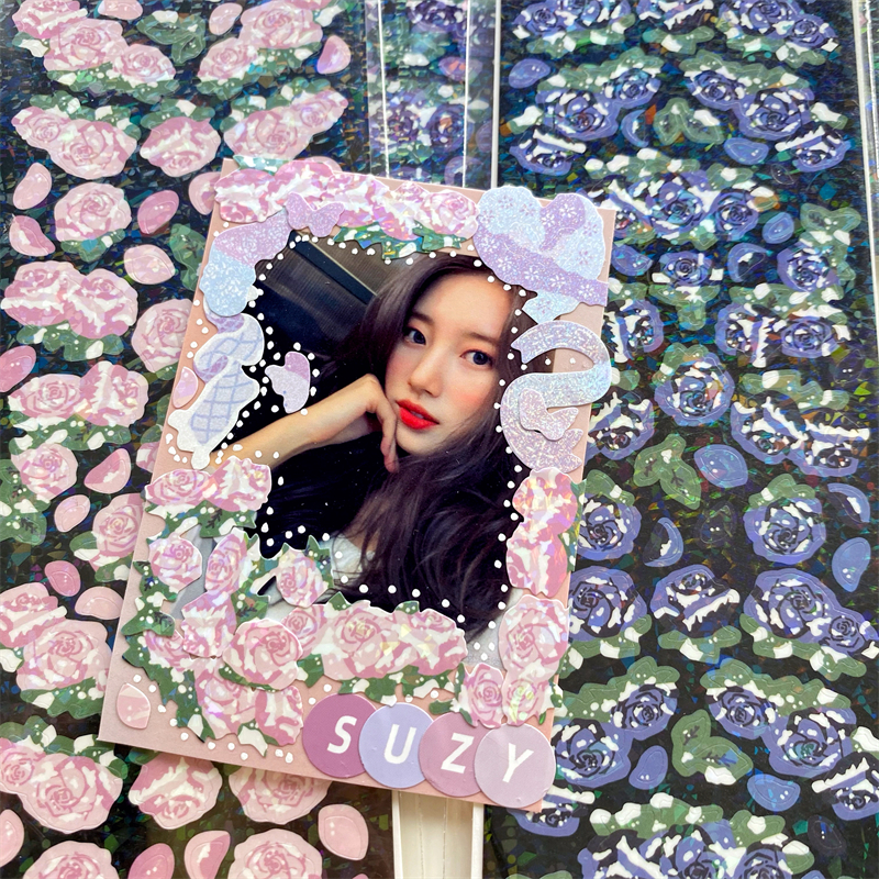 Korean ins wind snow rose goo card sticker retro laser flower hand account Polaroid small card decoration set