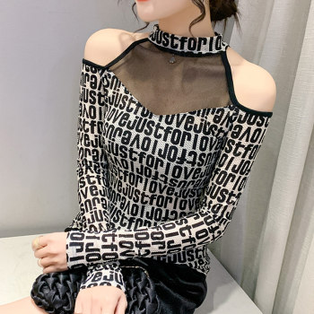 European goods mesh bottoming shirt women's long-sleeved 2022 new sexy hollow off-shoulder top Western-style printed tight top