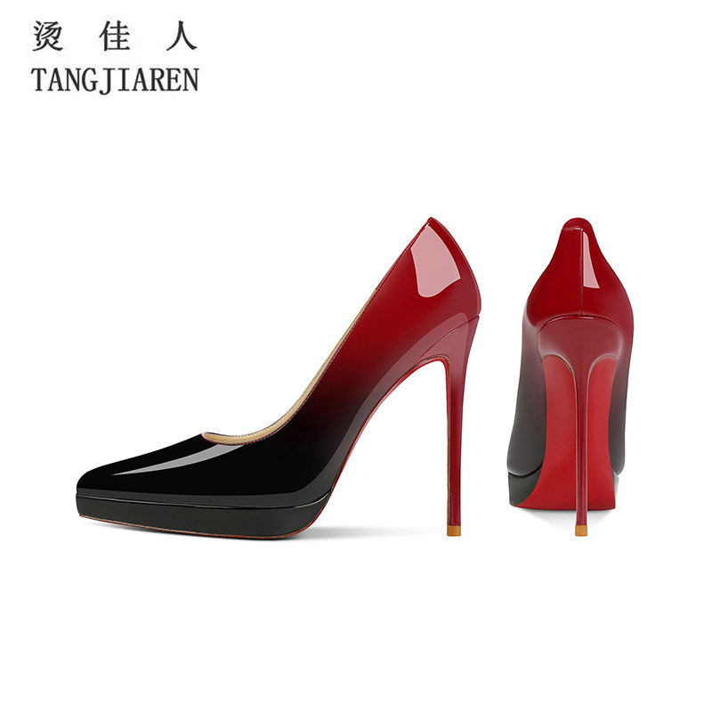 Black and Red Gradient Waterproof Platform High Heels for Women, Stiletto Heels, Sexy 2026 Fashion Patent Leather Shallow Red Sole Pointed Toe Single Shoes