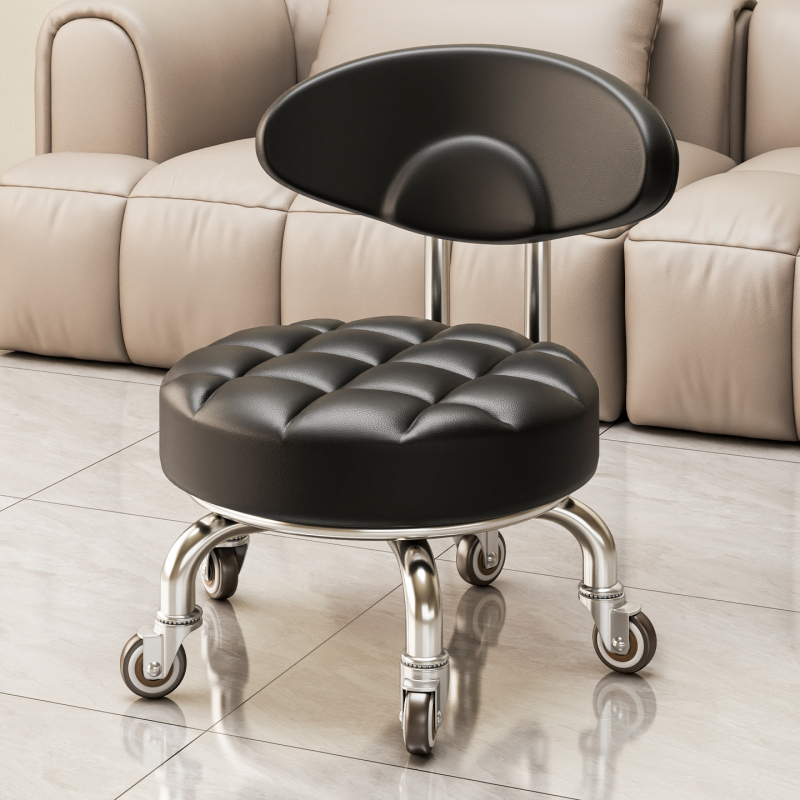 Italian-Style Swivel Stool with Wheels, Mobile Stool for Home Use, Low Stool with Wheels and Backrest for Living Room