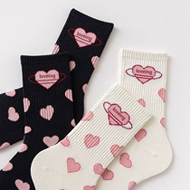 1 Pares Big Pink Love Black White Mid-tube Sock Cute Student