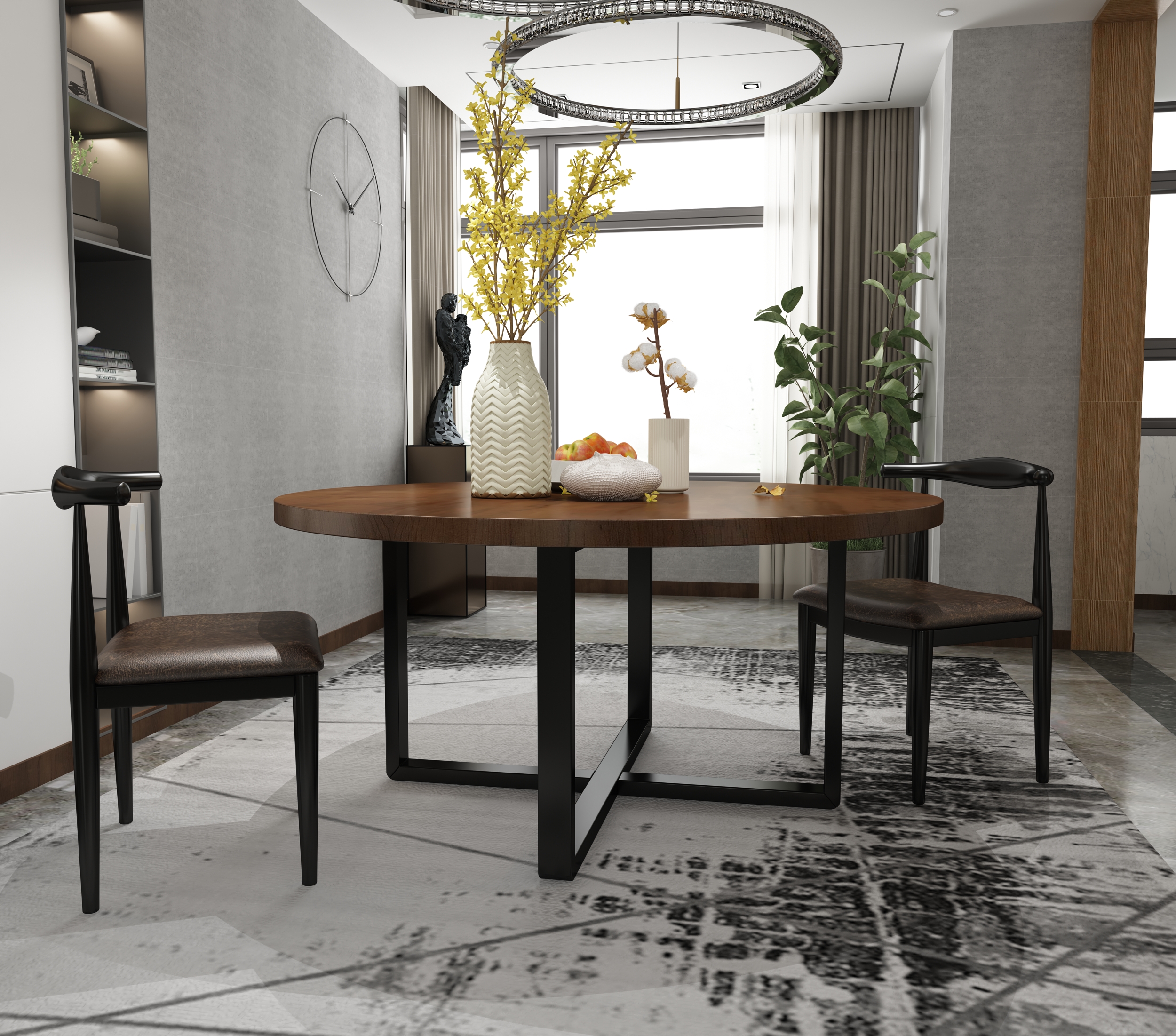 Retro Industrial Wind-made old hot pot dining room large round solid wood table American casual negotiation iron table and chair combination