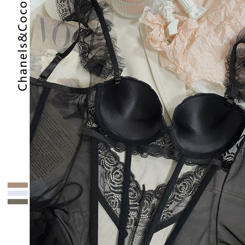 Черное кружевное сексуальное нижнее белье, бюстгальтер пуш-ап со стальными косточками, боди, корсет