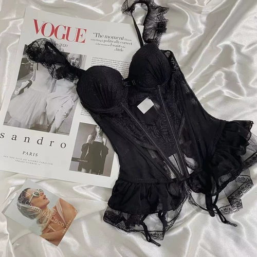 Черное кружевное сексуальное нижнее белье, бюстгальтер пуш-ап со стальными косточками, боди, корсет