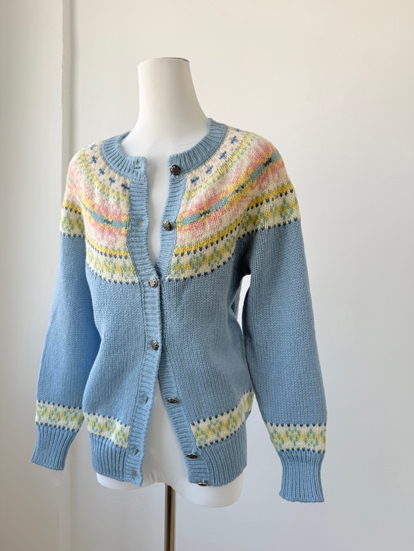 Blue and Yellow Rare Color Combination Fair Isle Norwegian Ferris Wheel Wool Cardigan Vintage Sweater