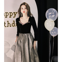 Black evening dress female banquet temperament high-end light luxury niche high-end velvet long-sleeved annual meeting art test host