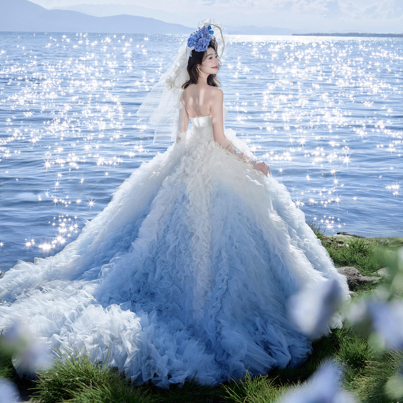 Blue Dreamy Wedding Dress 2026 New Style Studio Photo Shoot Theme Heavy-Duty Travel Photography Trailing Tulle Outdoor Strapless Gown