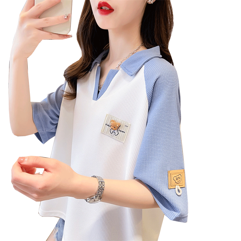 Short-sleeved T-shirt for women's lazy style thin polo collar