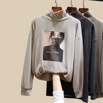 Semi-high collar plus velvet thickened base shirt womens autumn and winter long sleeve printed T-shirt foreign style inside 2020 new shirt